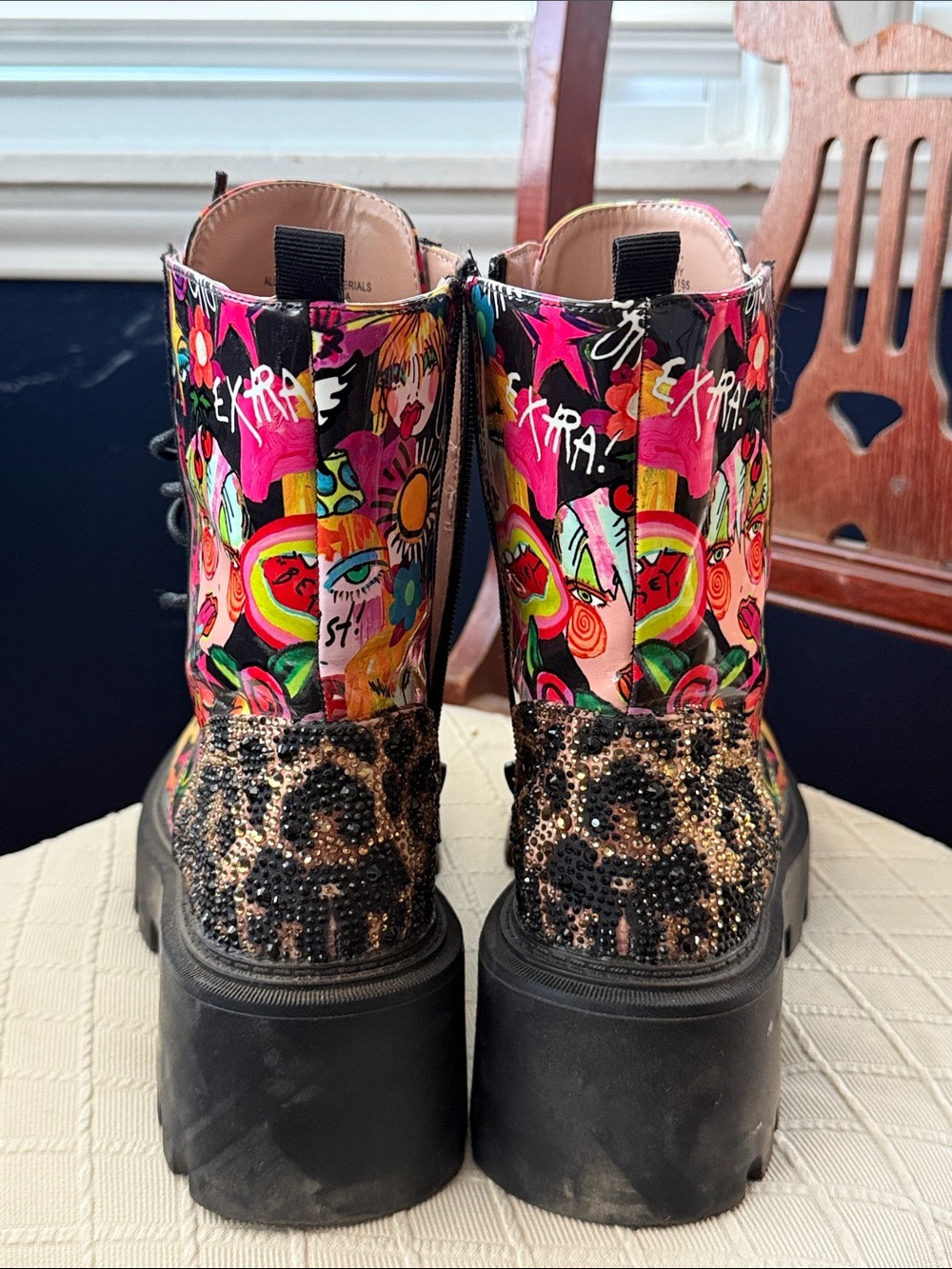 Betsey Johnson Black Pink Red Multi Floral Graphic Lace-Up Combat Boots - Picture 6 of 8